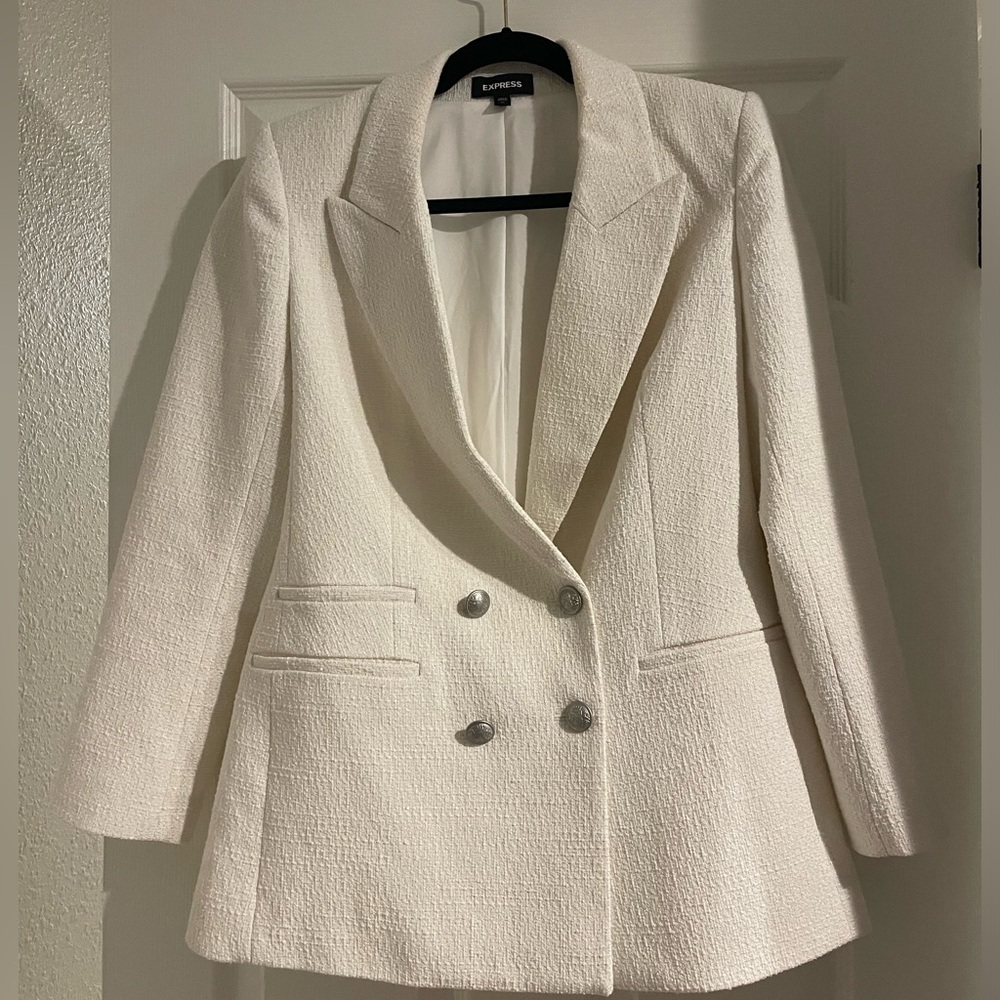 White Double Breasted Novelty Button Blazer
